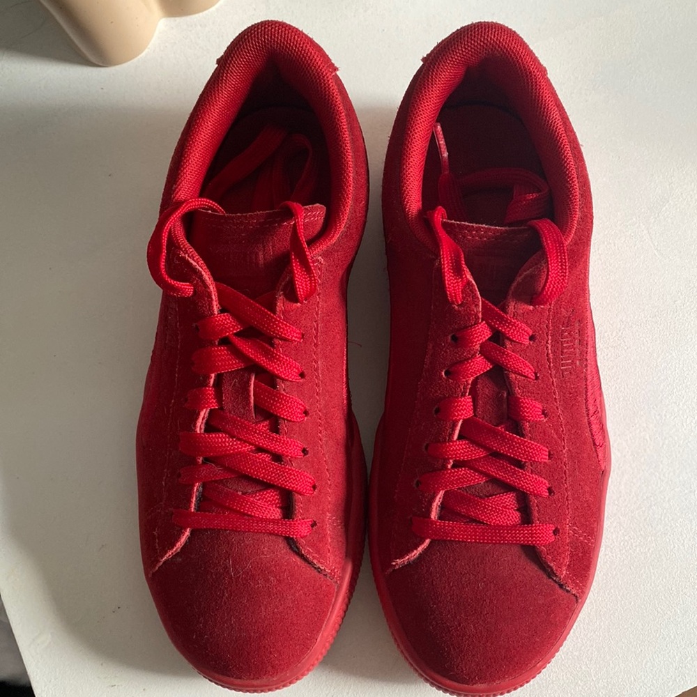 all red puma suede